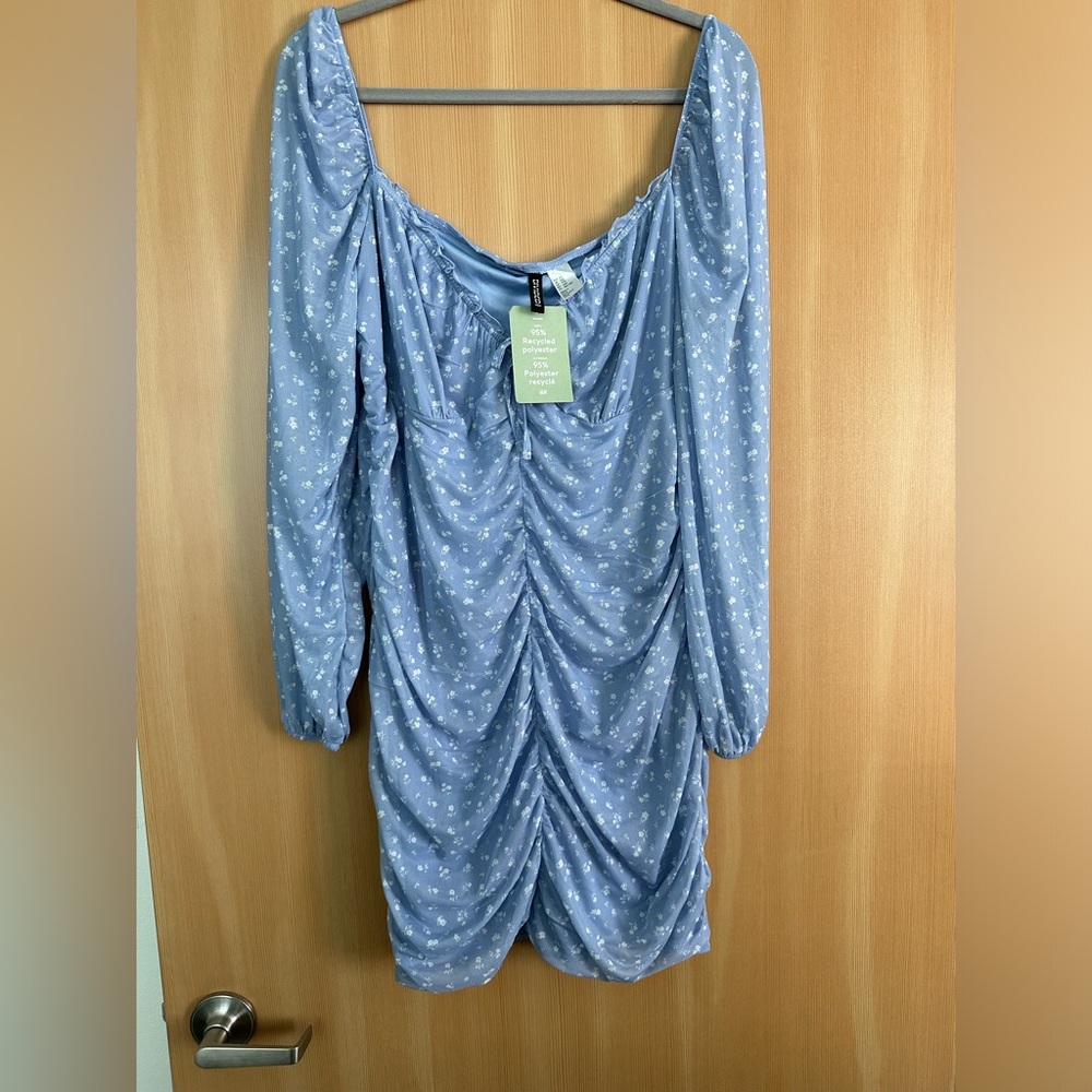 blue floral mesh long sleeved white dress with rouching